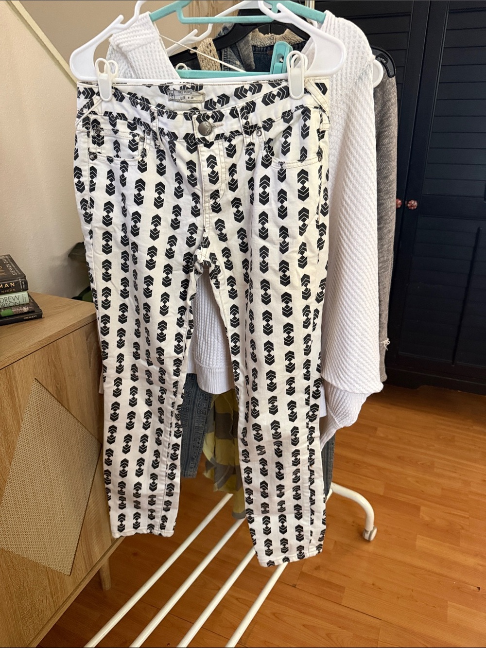 Free People White Jeans with Black Geometric Print